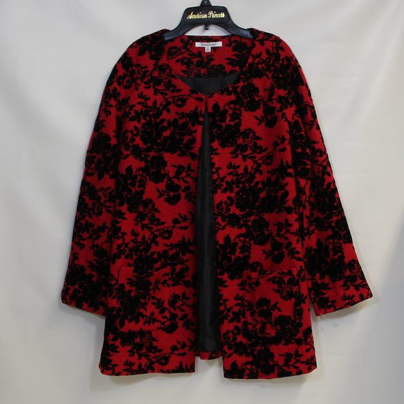 Northstyle Women’s Red Wool with Black Velvet Floral Pattern Jacket - Picture 4 of 7